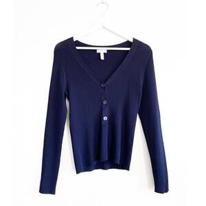 Blue Leith Button Front Ribbed Sweater